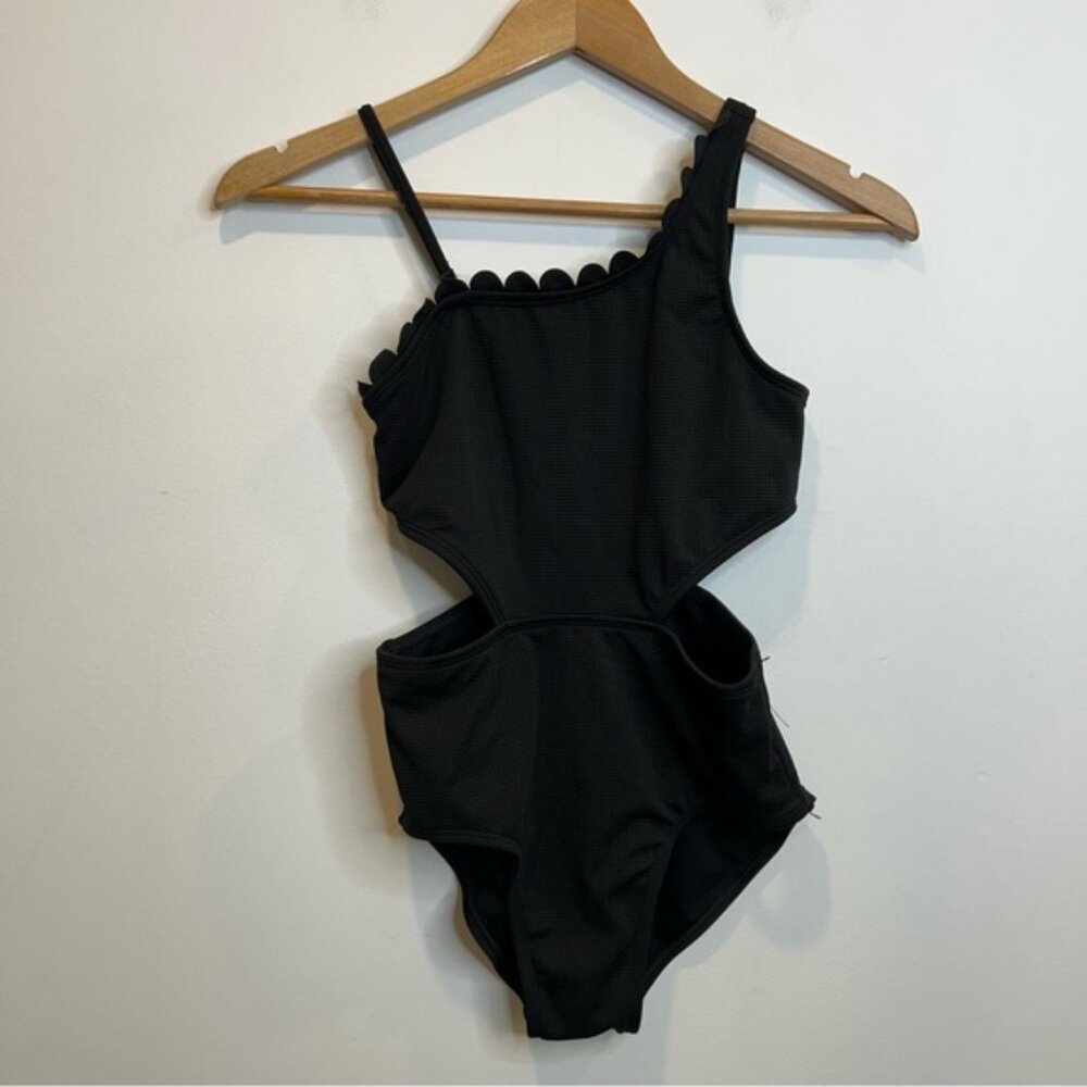 Art Class Girls Solid Black Summer Scallop One Piece Swimsuit UPF 50+